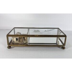 Music Box Trinket Box Made Of Glass And Brass With Etched Bird Lara’s Theme VTG